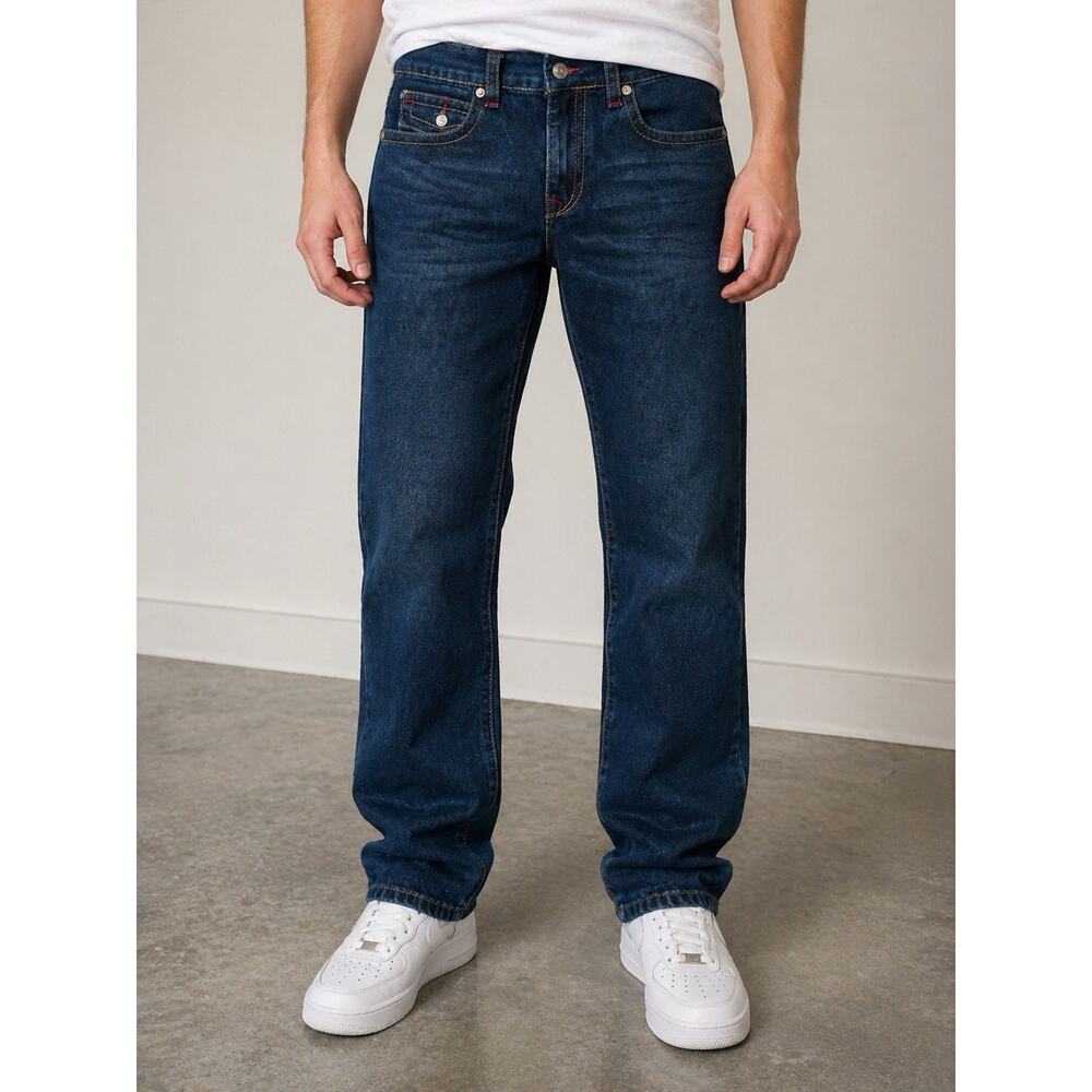 TRUE RELIGION Rocco Relaxed Skinny Jeans Men's 34x31 Flap Pocket Red Stitch